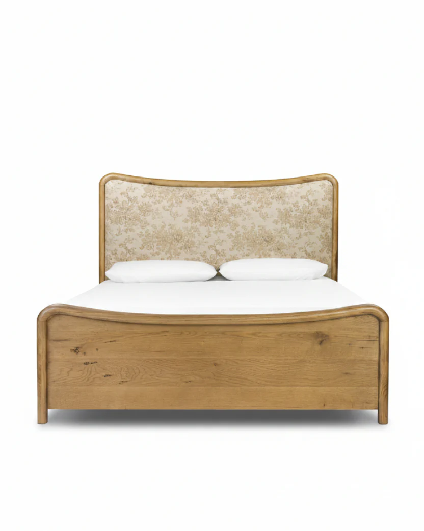 Kennie Upholstered Bed Frame with Carved Solid Oak and Linen Headboard - Image 10
