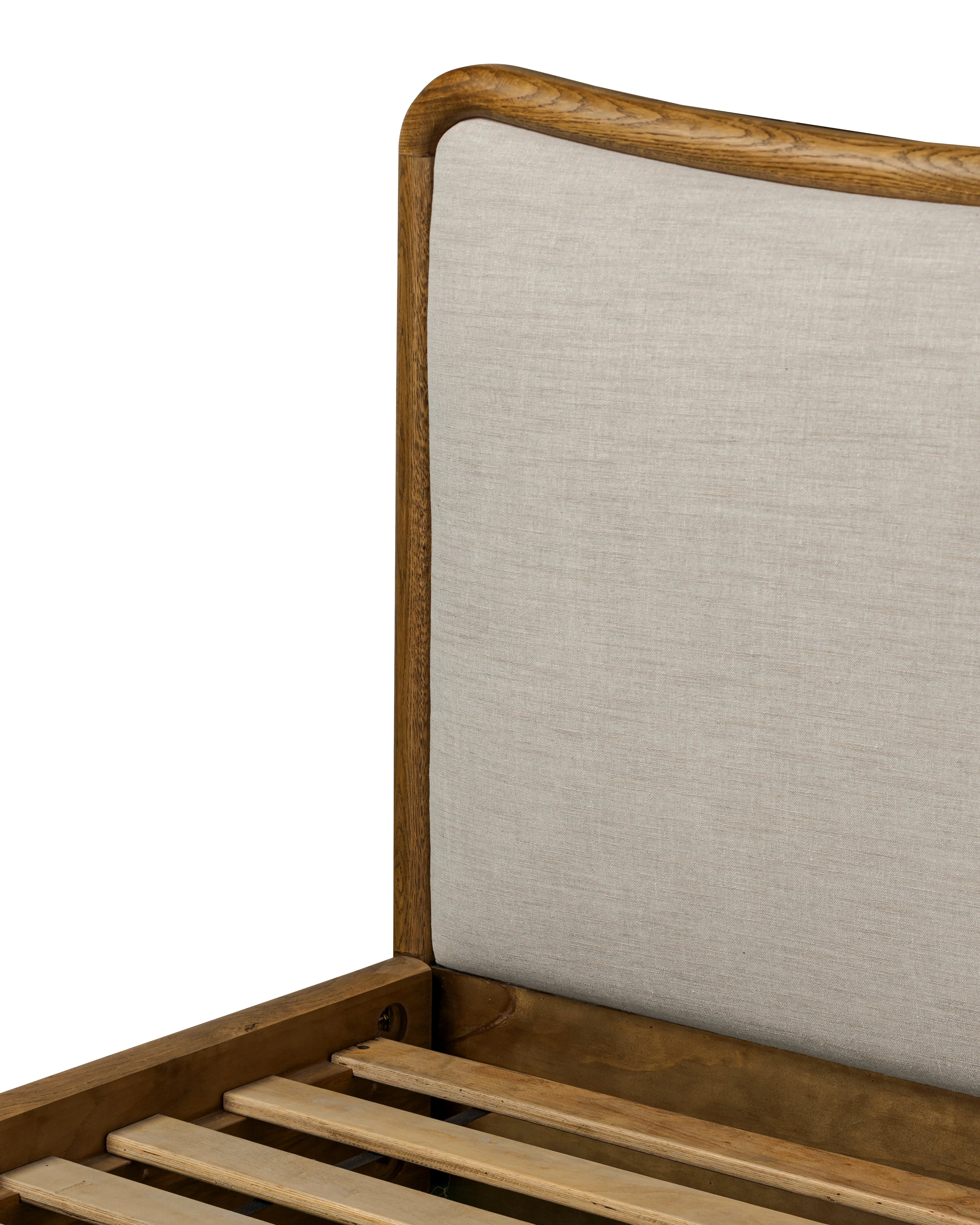 Kennie Upholstered Bed Frame with Carved Solid Oak and Linen Headboard - Image 4